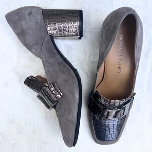 Donald Pliner Caresse Old Money Career Block Heel Metallic Leather Suede Loafers